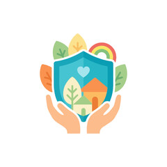 Obraz premium Hands Protecting Shield with Houses, Leaves and Rainbow - Safety and Care Concept
