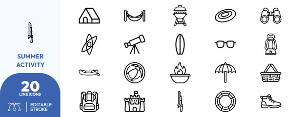 Outdoor Leisure set. Containing camping tent, surfboard, telescope, grill, picnic basket, beach umbrella, sunglasses, fishing rod, hiking boots, life buoy. Editable stroke. Vector illustration. © khopidd232