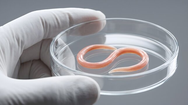 Scientist holding a petri dish with a parasitic worm representing an explosive diarrhea outbreak risk in a clinical laboratory medical science concept
