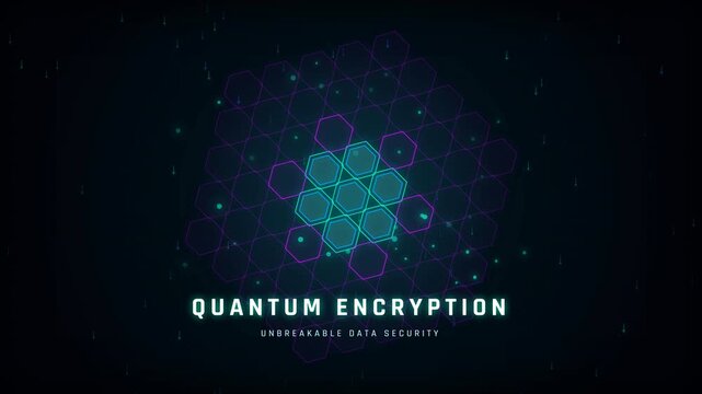 Quantum Encryption Shield: A modern motion graphic showcasing unbreakable quantum data encryption visualized as a glowing hexagonal shield