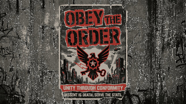 Dystopian propaganda poster featuring authoritarian symbols and aggressive typography affixed to a weathered concrete urban wall