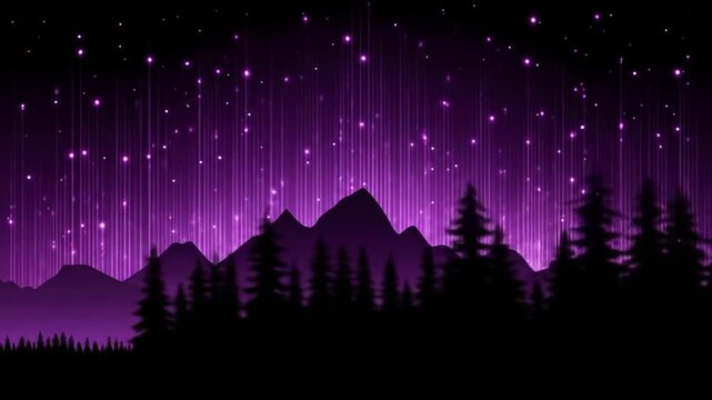Abstract purple night sky over silhouette mountains with glowing particles
