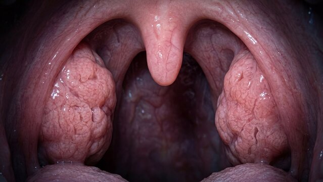 Swollen Tonsils Close Up View of Inflamed Human Throat Anatomy