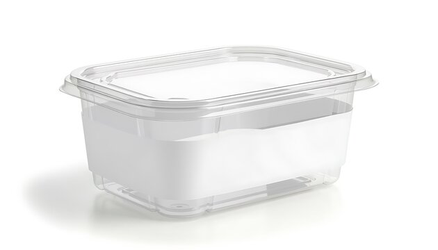 A clear plastic container with a lid sits on a white surface in a well-lit indoor environment for storage.