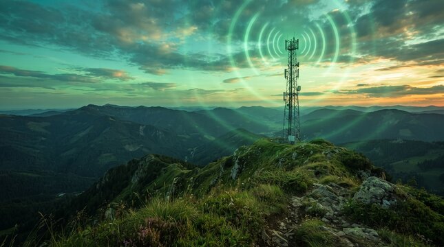 Scenic Mountain Landscape with Telecom Tower and Wireless Signal Waves
