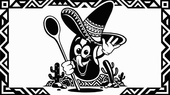 A happy Mexican bean wearing a large sombrero acts as a friendly mascot in this cartoon illustration holding a wooden spoon for a restaurant logo.