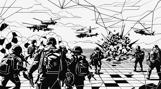 Tactical soldiers and military units on a digital battlefield near an explosion with helicopters in a cyber warfare simulation.