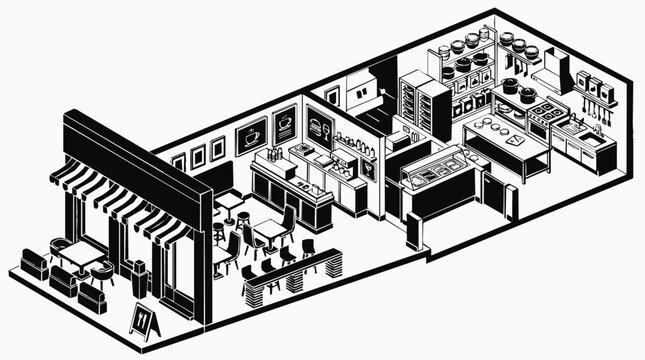 Detailed isometric restaurant floor plan showing a professional kitchen interior layout with dining area furniture and service equipment