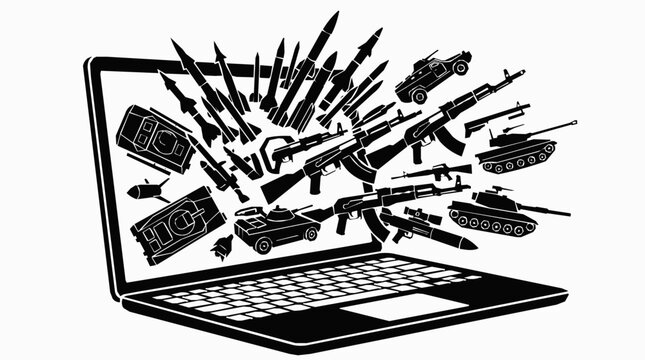 Cyber warfare and digital conflict concept illustration showing a laptop with missiles, tanks, and automatic weapons exploding from the screen