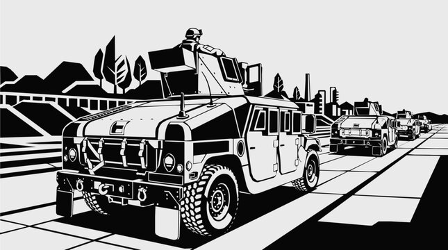Black and white vector illustration of a military convoy with armored vehicle units and a patrol of soldiers on a tactical mission across a landscape.