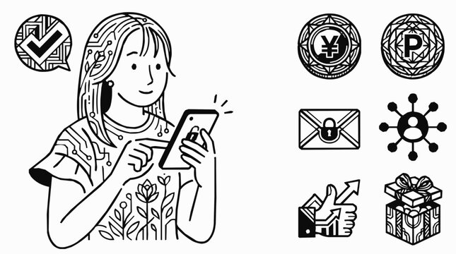 Digital mobile technology girl using smartphone for communication and lifestyle, featuring icons for secure finance, social networking, and rewards.