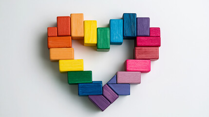 Fototapeta premium Heart Shape Made of Colorful Wooden Blocks Representing Diversity, Inclusion, Equality and Community Support Concept