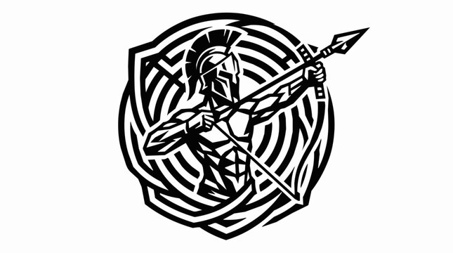 Powerful Spartan warrior archer wearing a Corinthian helmet and holding a bow against a decorative circular shield emblem, stylized black and white
