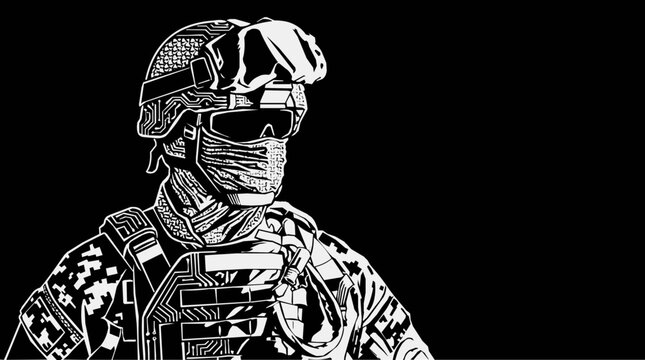 High-Contrast Graphic of a Future Soldier in Tactical Gear Featuring Military Combat Details and Special Forces Equipment for Cyber Defense