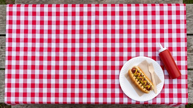 Blank Checkered Picnic Tablecloth Background with Hot Dog