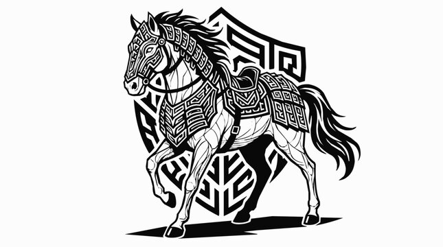 Majestic warrior horse adorned in detailed tribal armor, this stallion silhouette stands before a crest, perfect for a powerful mascot logo.
