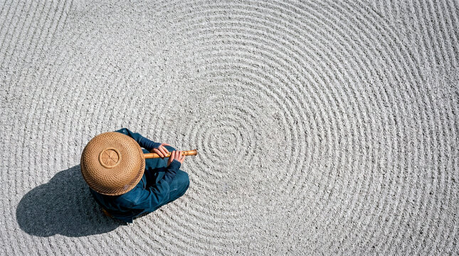 Komuso monk playing a flute in a raked zen gravel garden
