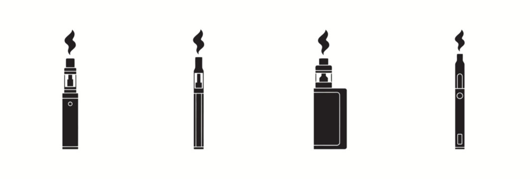 Set of electronic cigarette vape device icons in flat black vector style for modern design use