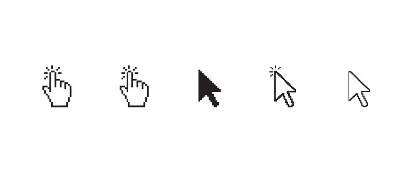 Collection of pixelated mouse cursor icons with hand and arrow pointers for web design layouts