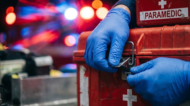 Paramedic Hands with Medical Box and Blurred Ambulance Lights