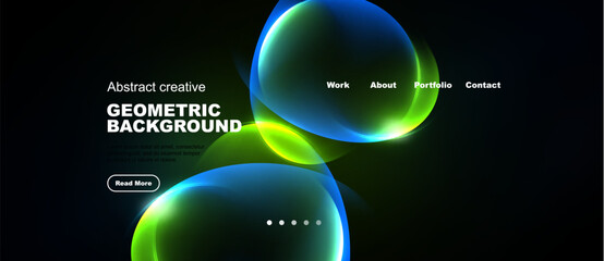 Naklejka premium Dark background features vibrant abstract shapes, text elements, navigation menu. Modern design, gradients create dynamic visual effect.