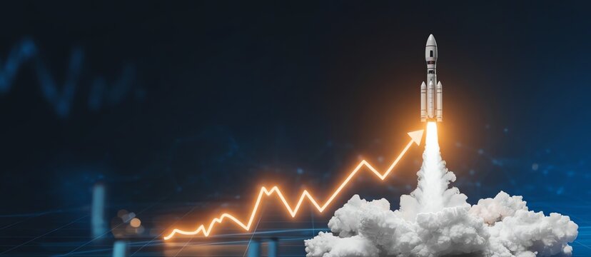 Powerful Rocket Launching Upward Following Glowing Financial Growth Arrow On Dark Blue Futuristic Business Background