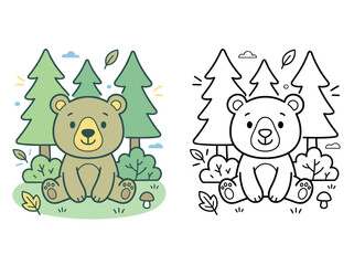Cute friendly bear cub sitting in a forest setting presented as a clean vector graphic illustration with both colored and black and white line art versions. © Kevin