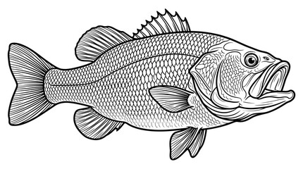 Fototapeta premium Detailed illustration of a largemouth bass fish in black and white.