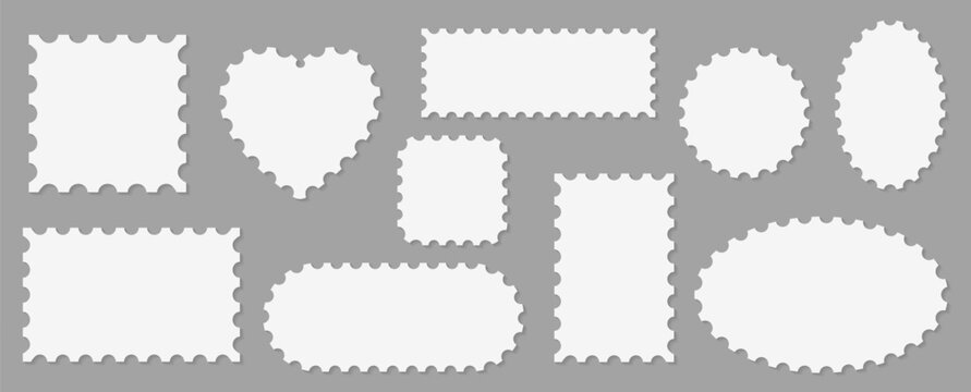 Pack of scalloped white postage frames isolated. Outline border template. Simple minimalist label text box. Blank scallop edge stamp mockup. Vector illustration
