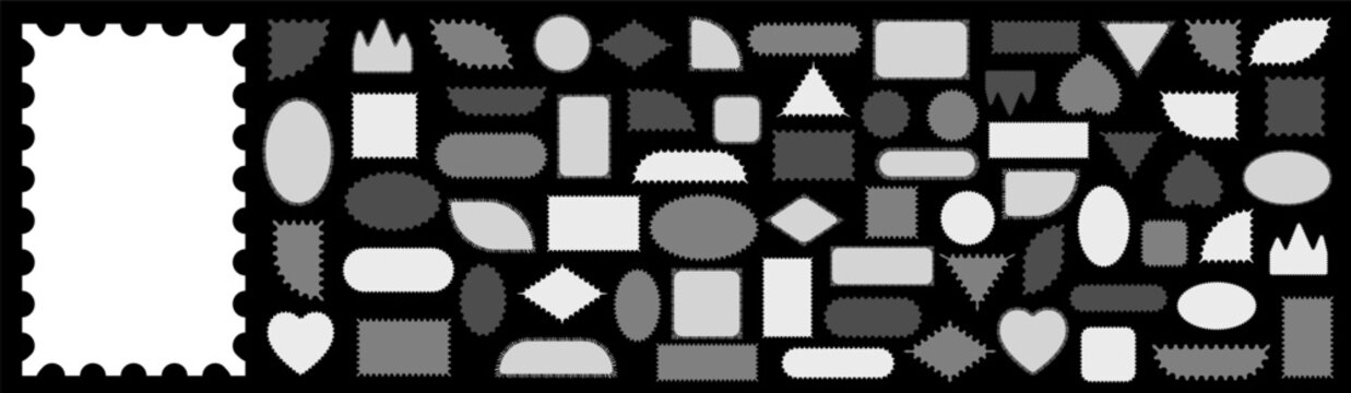 Vector set of scalloped black and white postage frames isolated. Outline border template. Simple minimalist label text box. Blank scallop edge stamp mockup.