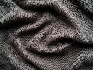 Naklejka premium Close-up of soft, textured black fabric with intricate ribbed knit pattern and gentle folds creating depth and shadow.