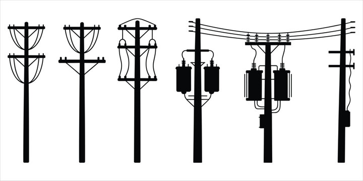 Assortment of electricity poles with transformers and wires in silhouette power line utility pole