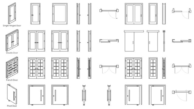 Architectural Door Vector Icon Sheet with Single Hinged Door, Double Door, French Door, Sliding Door and Pivot Door