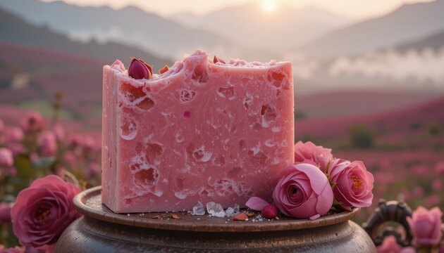 Natural handmade pink rose soap bar on a rustic plate in a misty mountain flower field at sunrise