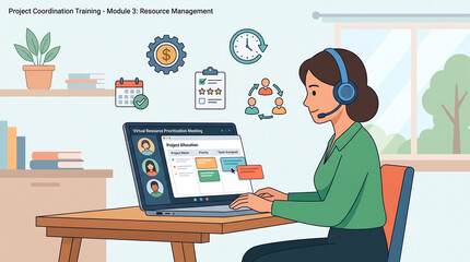 Fototapeta premium Woman with headset attending an online project coordination training session on resource management, with project management icons in the background.