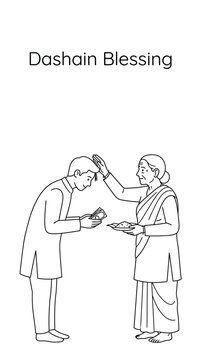 Line art illustration of an elderly woman blessing a young man during Dashain festival.