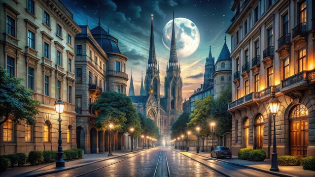 A moonlit boulevard lined with gothic spires and art deco grandeur viennas night streets shrouded in wartime shadows