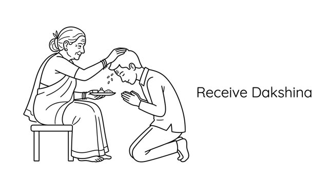 Line art illustration of an elderly woman blessing a young man.