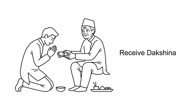 Line art illustration of a young man offering dakshina to an elder.