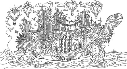 Obraz premium Giant turtle carrying a fantasy city on its back. Surreal illustration of a mythical creature.