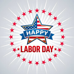 Fototapeta premium Happy Labor Day celebration banner with American flag star design. Patriotic holiday greeting card featuring festive red white and blue theme.