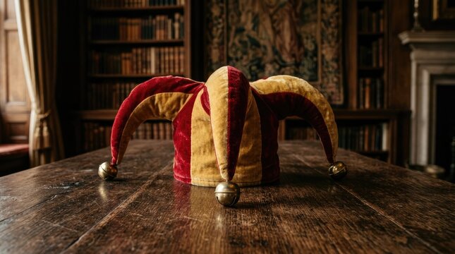 Traditional jesters hat made of red and yellow velvet with shiny metal bells sitting alone