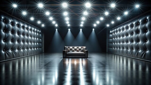 A polished black leather fine surface texture abstract backdrop stands elegantly against a fashionable runways bright lights