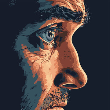 A close-up of a man's expressive face, revealing deep emotions and a reflective gaze against a dark background.