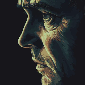 A close-up portrait of a contemplative man, showcasing deep emotion and thoughtfulness in a dramatic light.