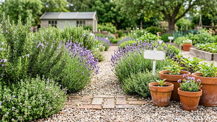 Fototapeta premium Cultivated garden with gravel path bordered by blooming lavender and rosemary, inviting outdoor space for relaxation.