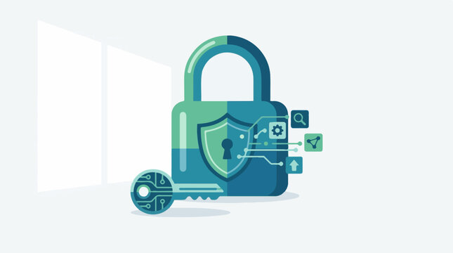 Digital lock and key with circuit board elements and icons