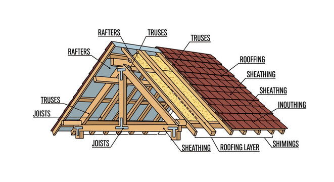 Roof construction diagram with labeled components.