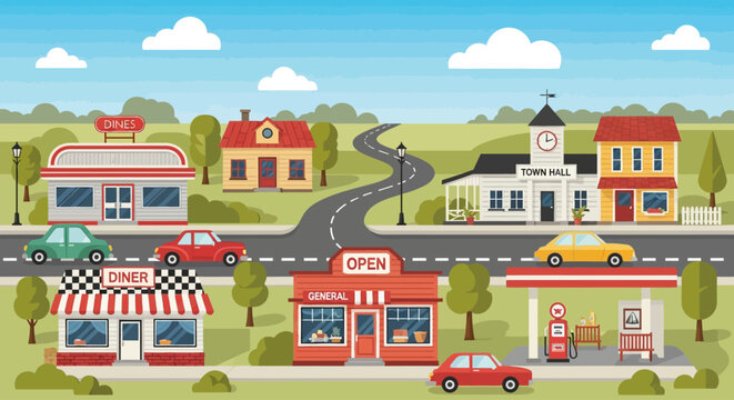A colorful cartoon illustration of a small town with various buildings and cars.