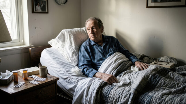 Elderly Man Resting In Bed With Pillows And Tissues Nearby